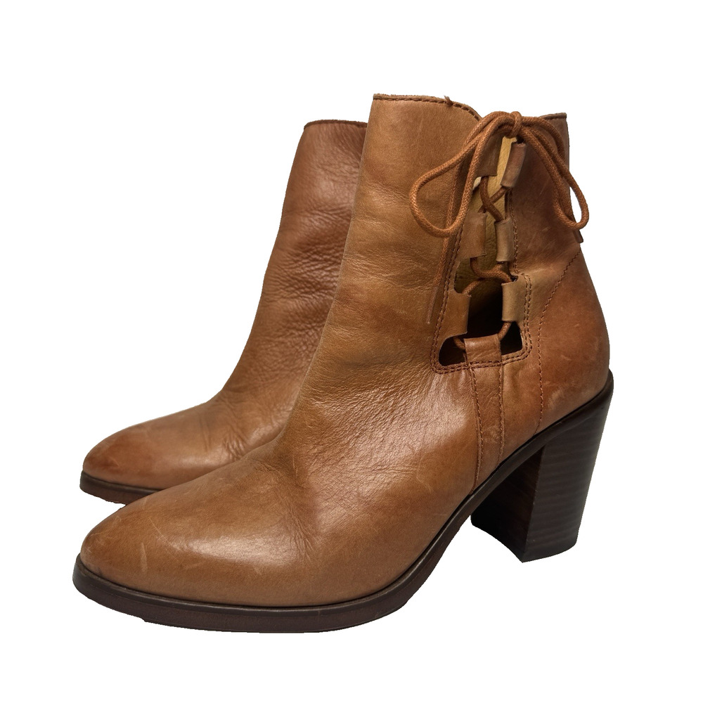 Latigo Jace Ankle Boots Womens Size 7.5 Brown Leather Side Lace & Zip Block Heel